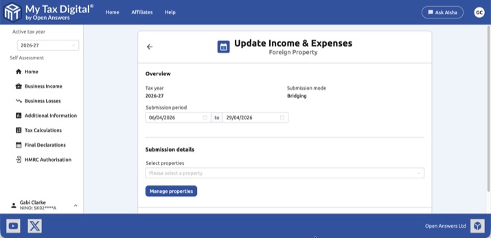 Update Income & Expenses — Bridging mode