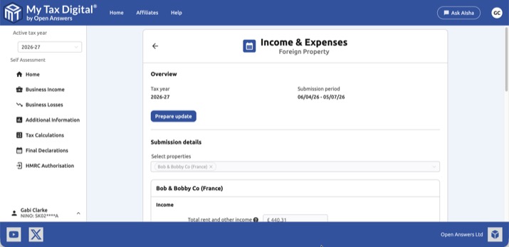 Foreign Property Income & Expenses view