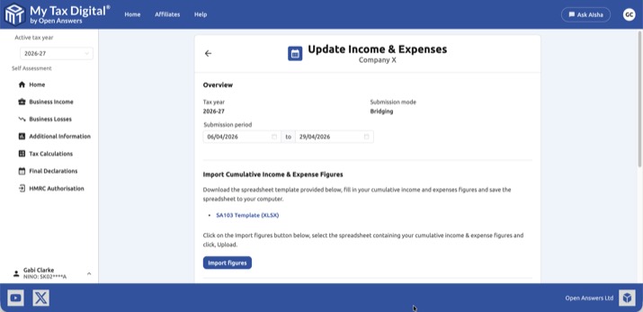 Update Income & Expenses — Bridging mode