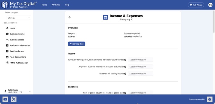 Self Employment Income & Expenses view