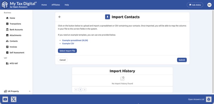 My Tax Digital Import Contacts