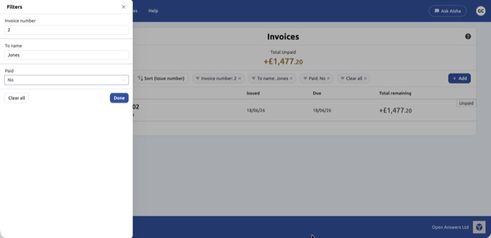 My Tax Digital Invoice filter panel