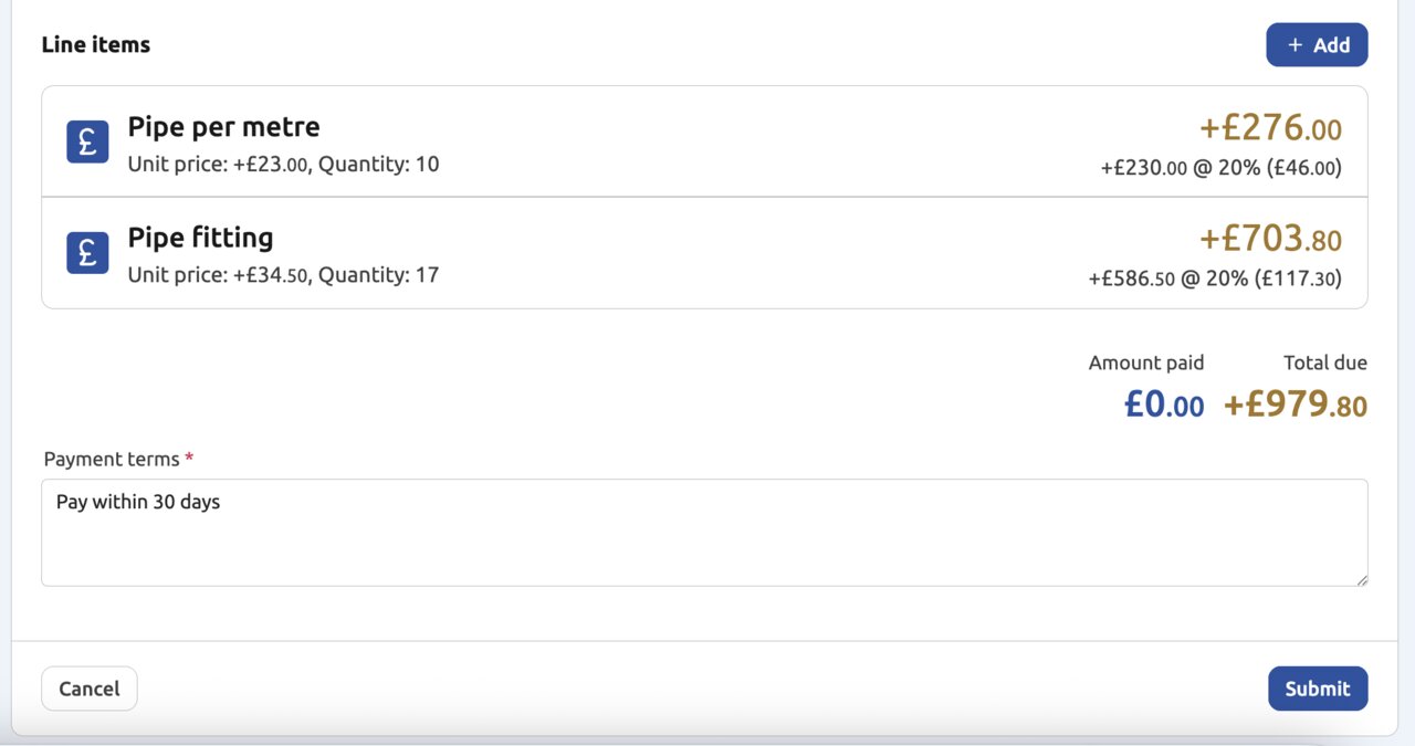 My Tax Digital E-Invoice items