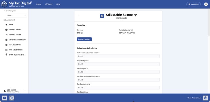 My Tax Digital - Adjustable Summary detail