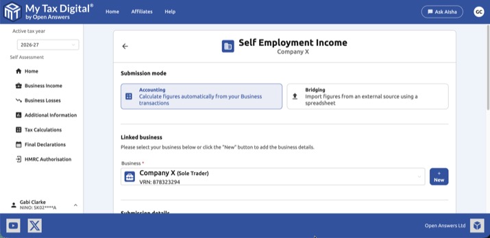 My Tax Digital - Income source configuration screen