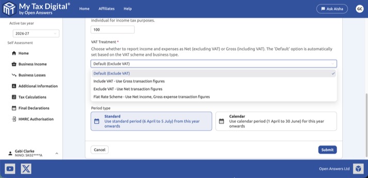 My Tax Digital - VAT Treatment dropdown options
