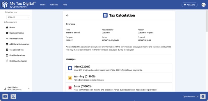 Tax Calculation detail showing Info, Warning and Error messages