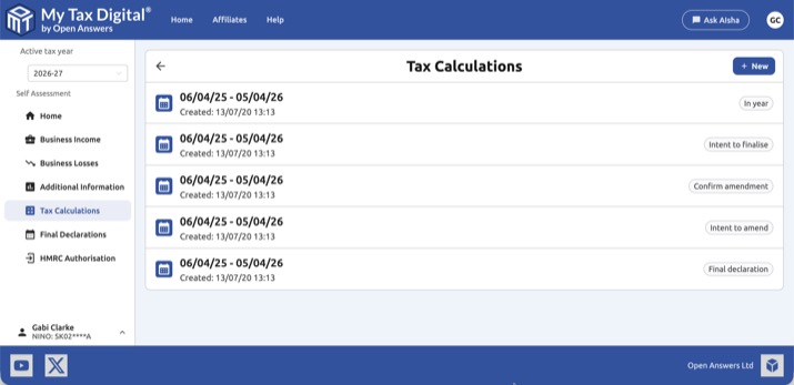 Tax Calculations list showing all calculation types