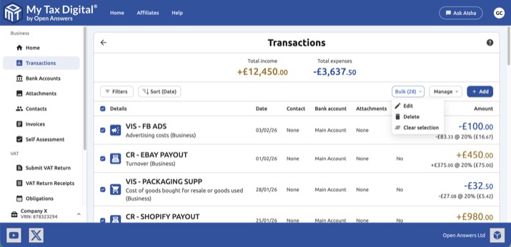 Transactions list with Bulk dropdown open